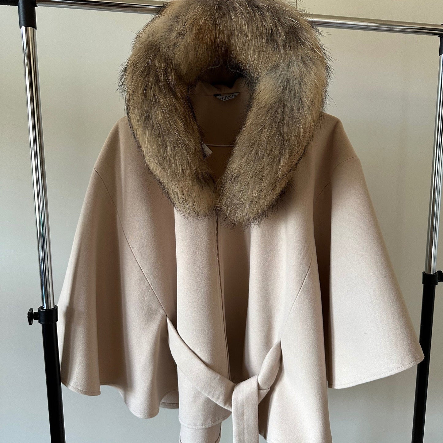 Beige Cape Coat Belted Feminine Elegant Statement Poncho with Hood Raccoon Fur Trim Detachable - My Love Cape