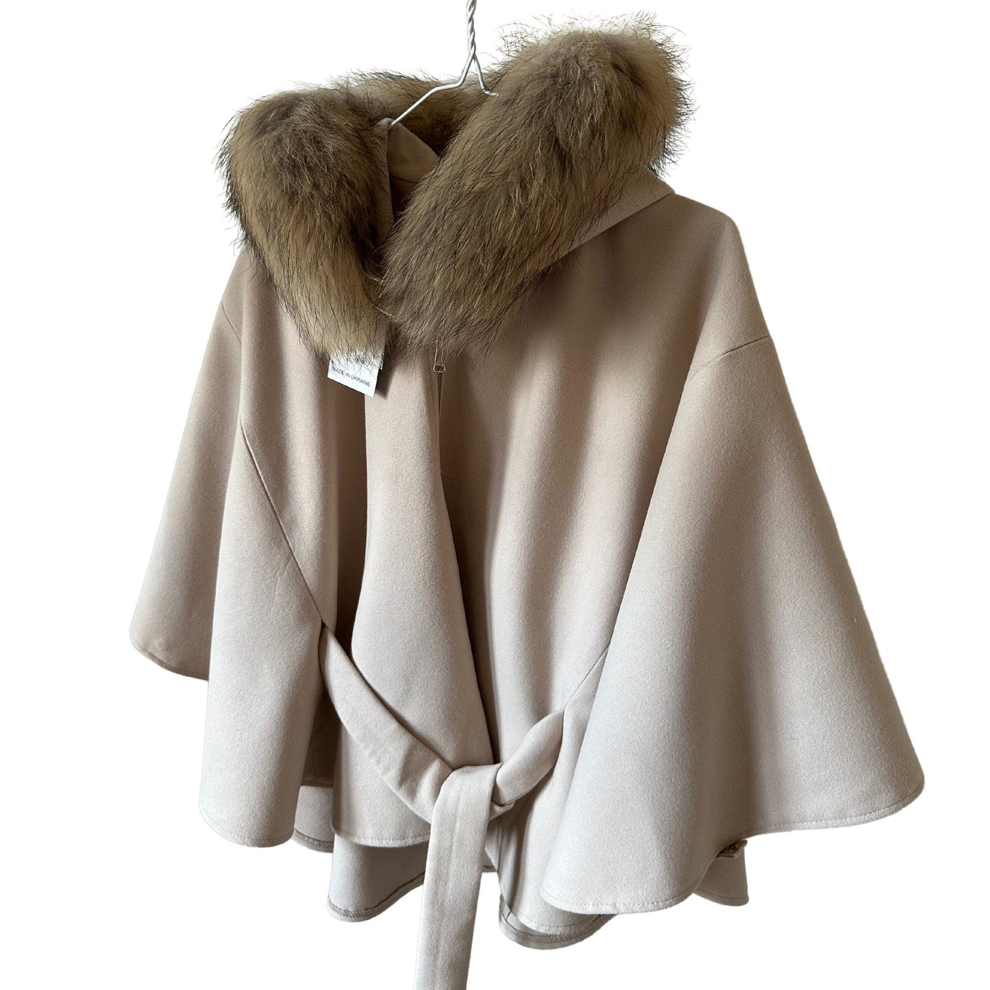 Beige Cape Coat Belted Feminine Elegant Statement Poncho with Hood Raccoon Fur Trim Detachable - My Love Cape