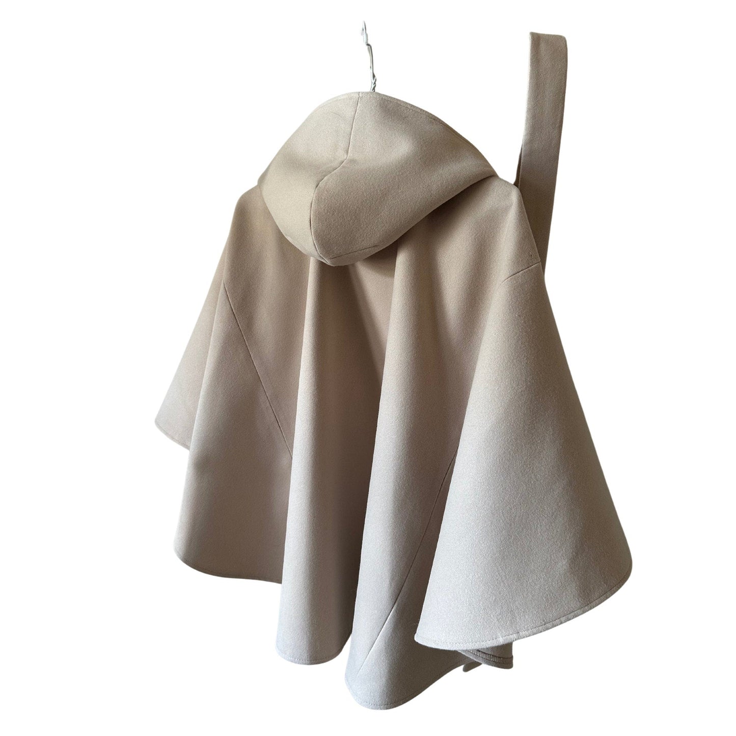 Beige Cape Coat Belted Feminine Elegant Statement Poncho with Hood Raccoon Fur Trim Detachable - My Love Cape