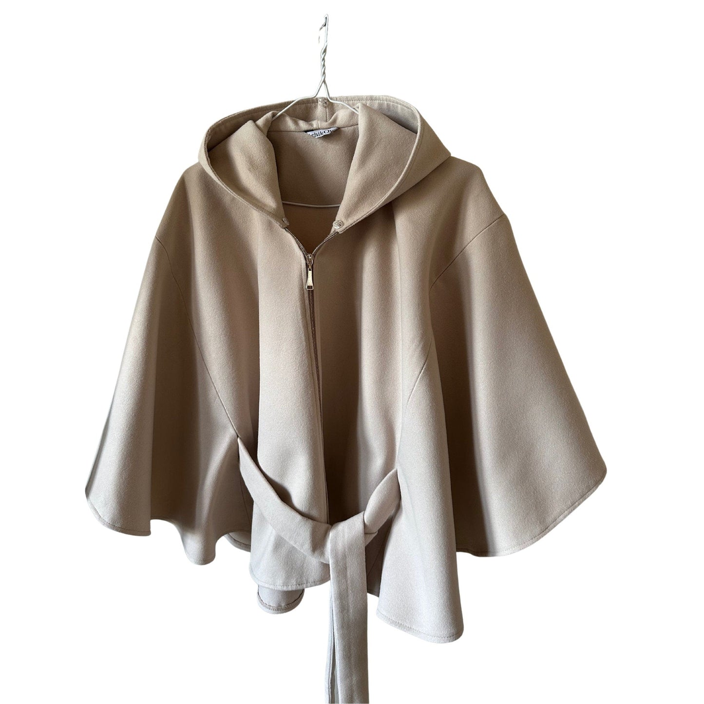 Beige Cape Coat Belted Feminine Elegant Statement Poncho with Hood Raccoon Fur Trim Detachable - My Love Cape