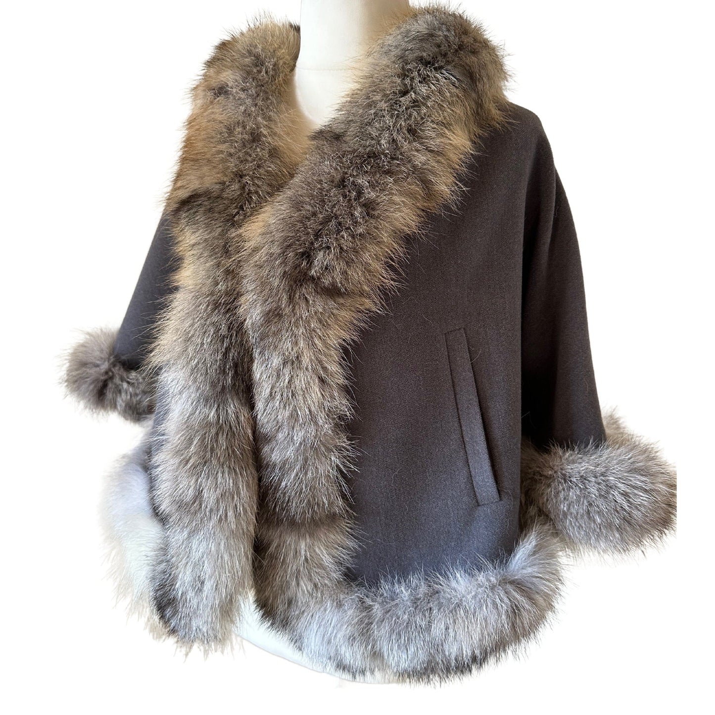 Grey Women Coat Cape Trim Fox Fur, Women's Poncho Jacket lined, Elegant Women's coat - My Love Cape