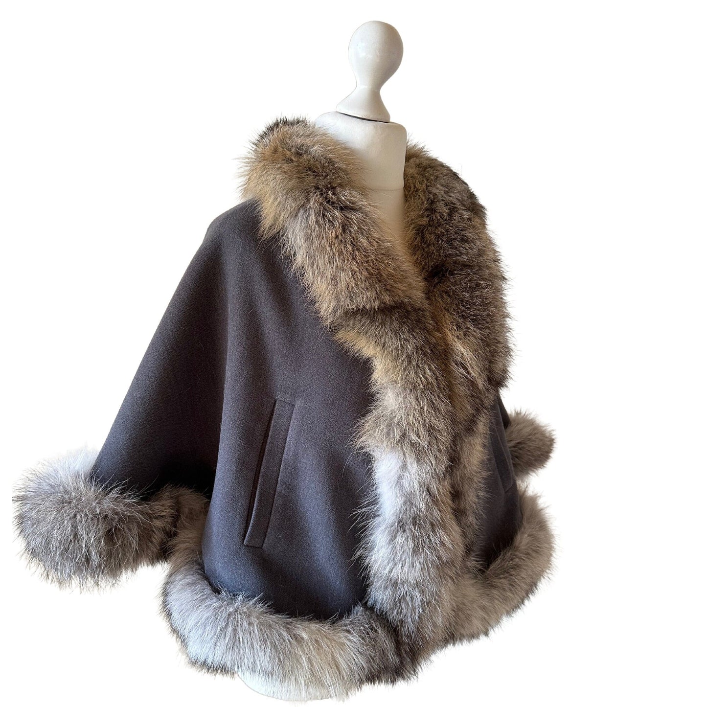 Grey Women Coat Cape Trim Fox Fur, Women's Poncho Jacket lined, Elegant Women's coat - My Love Cape