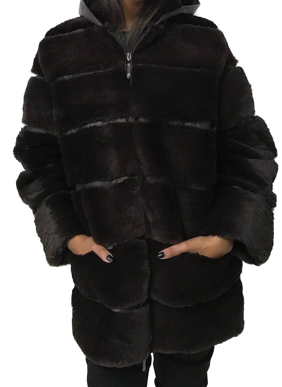 Women jacket сoat rex rabbit (chinchilla rabbit) fur and leather, Stand with Ukraine - My Love Cape