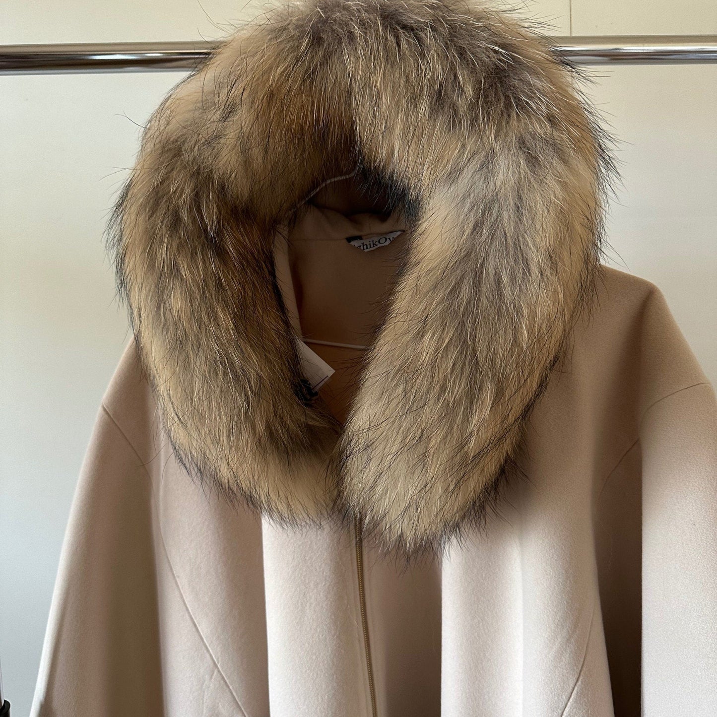 Beige Cape Coat Belted Feminine Elegant Statement Poncho with Hood Raccoon Fur Trim Detachable - My Love Cape