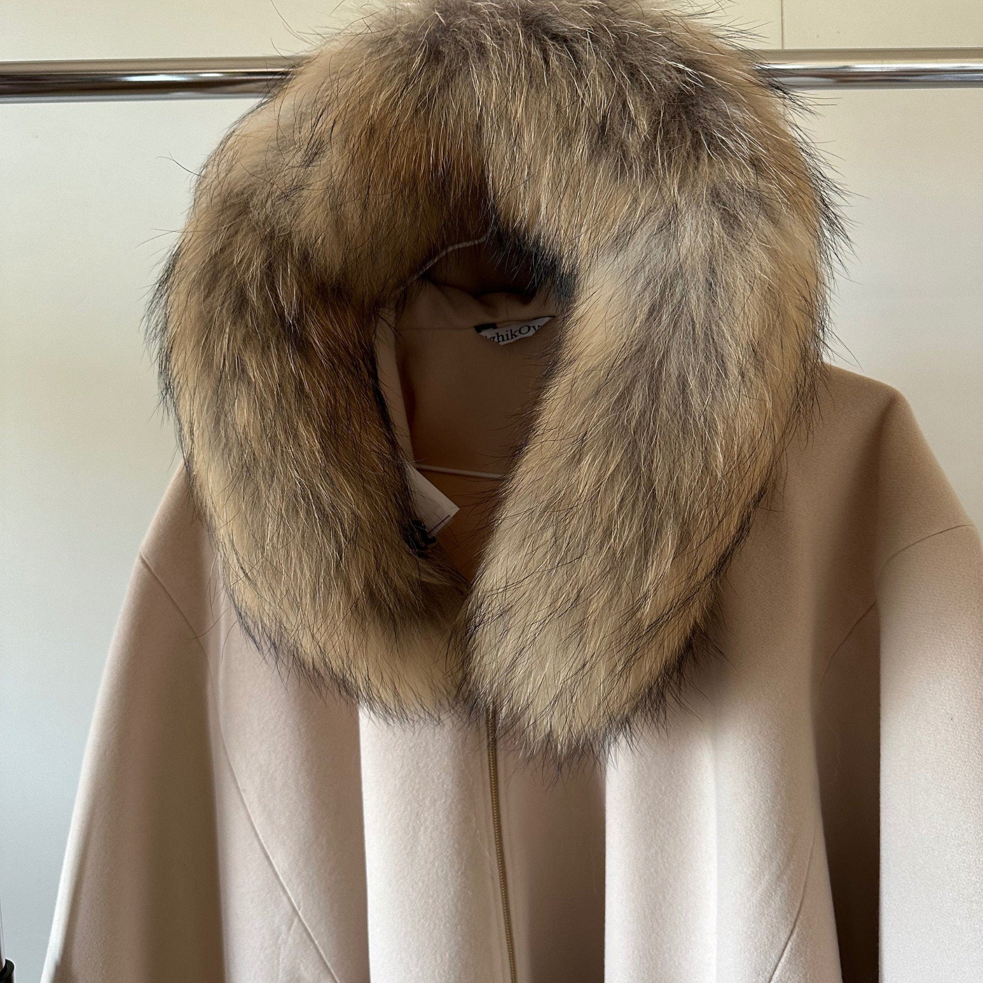 Beige Cape Coat Belted Feminine Elegant Statement Poncho with Hood Raccoon Fur Trim Detachable - My Love Cape