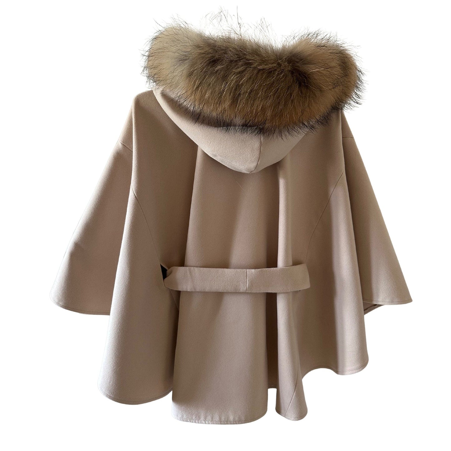 Beige Cape Coat Belted Feminine Elegant Statement Poncho with Hood Raccoon Fur Trim Detachable - My Love Cape