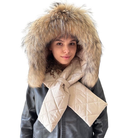 Beige Hood Scarf Puffer Warm Quilted Downy Waterproof Padded Insulated Headdress With Natural Fur TrimBeige - My Love Cape