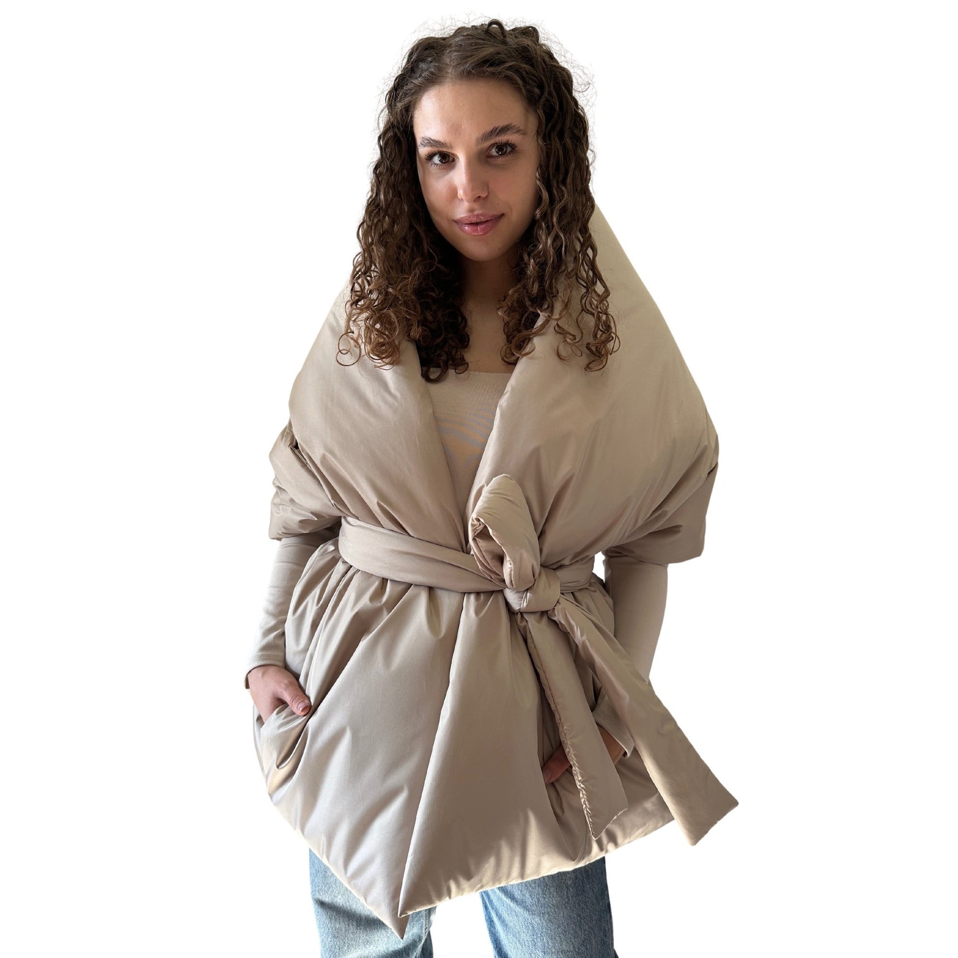 Beige Long Cape Lagre Wide Scarf Puffer 20x80 inch with 2 pocket and Belt - My Love Cape