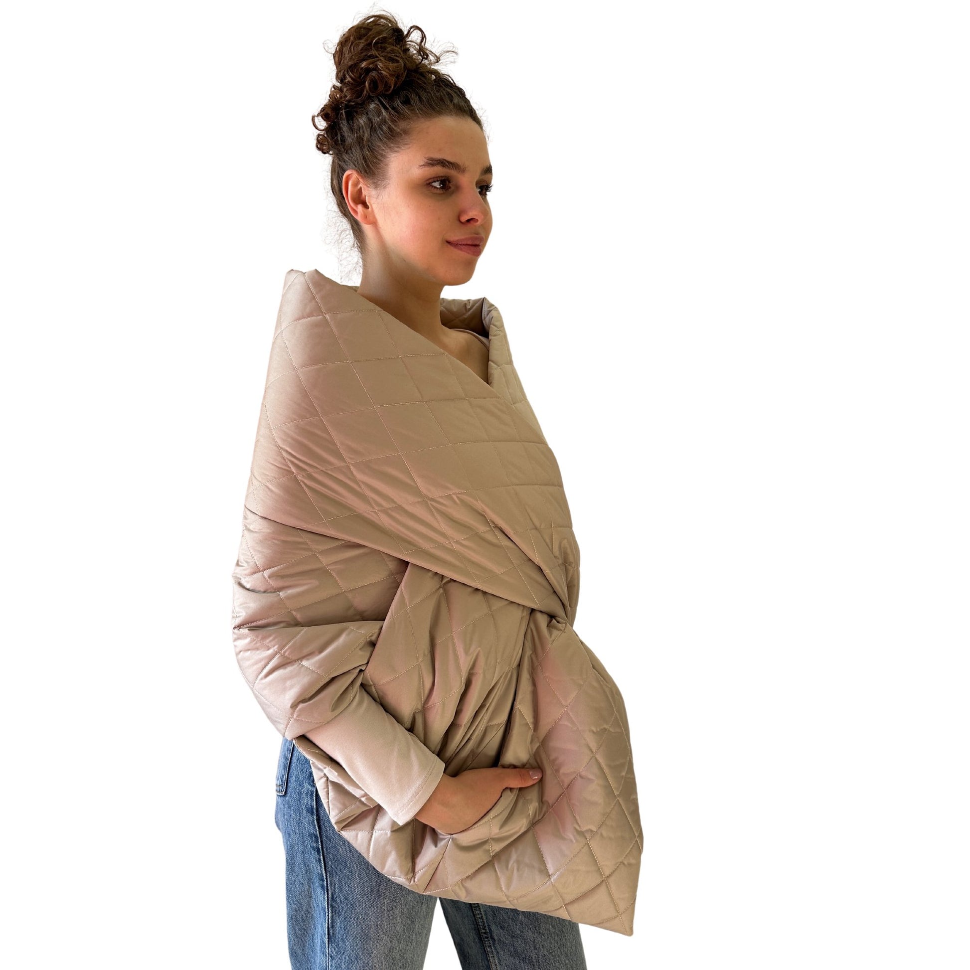 Beige Long Cape Lagre Wide Scarf Puffer 20x80 inch with 2 pocket and Belt - My Love Cape