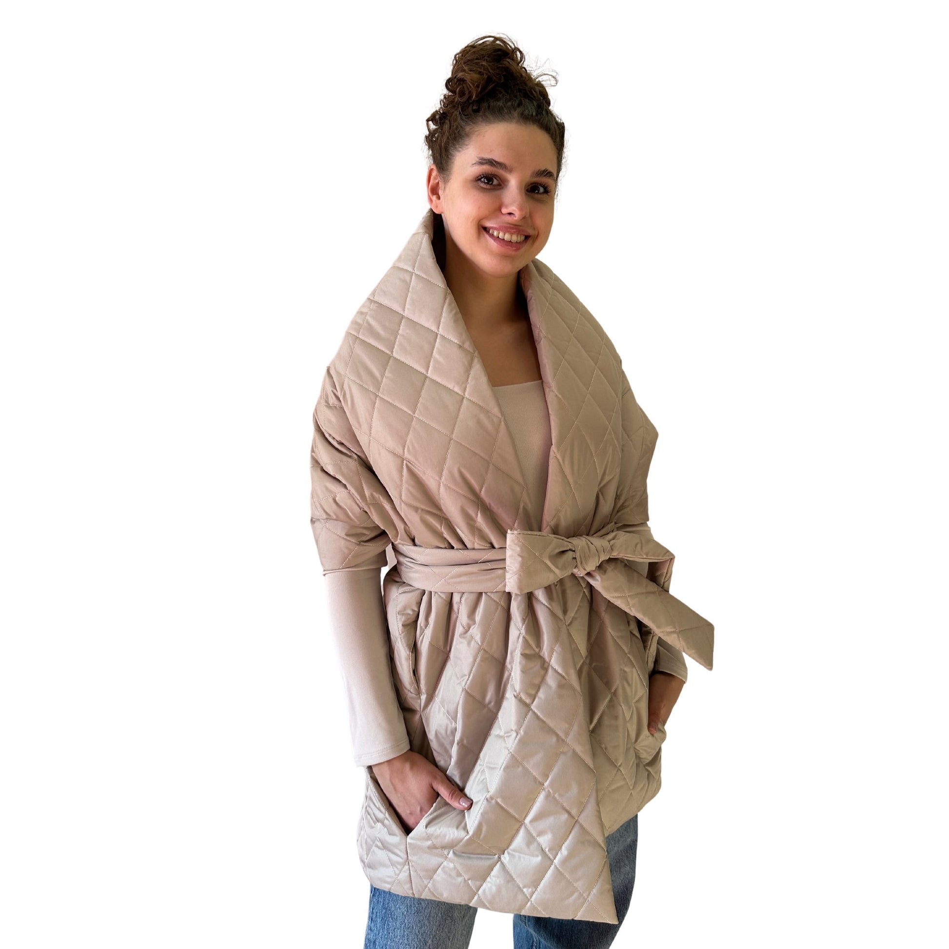 Beige Long Cape Lagre Wide Scarf Puffer 20x80 inch with 2 pocket and Belt - My Love Cape