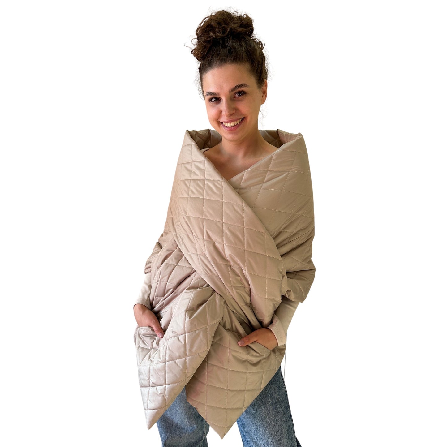 Beige Long Cape Lagre Wide Scarf Puffer 20x80 inch with 2 pocket and Belt - My Love Cape