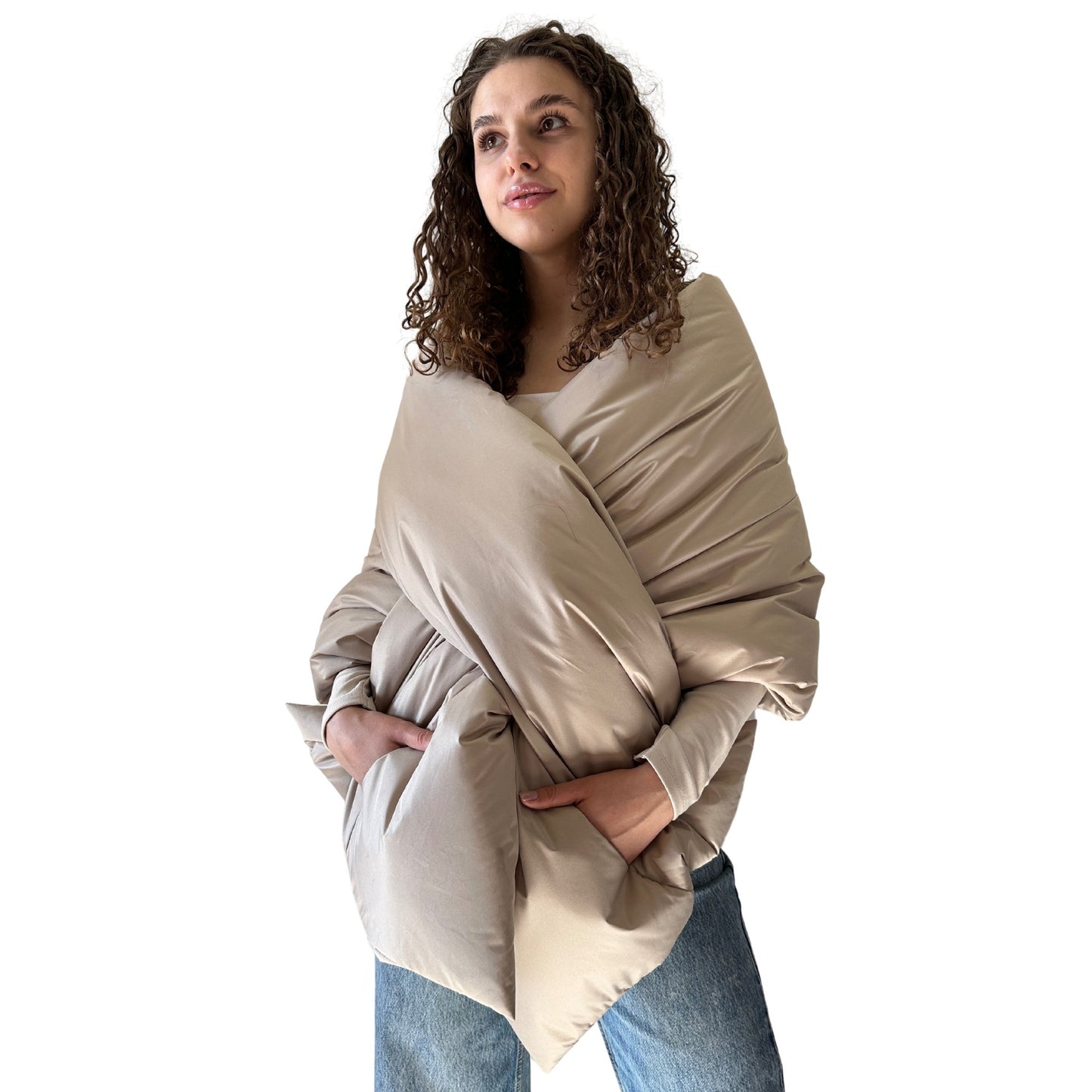 Beige Long Cape Lagre Wide Scarf Puffer 20x80 inch with 2 pocket and Belt - My Love Cape