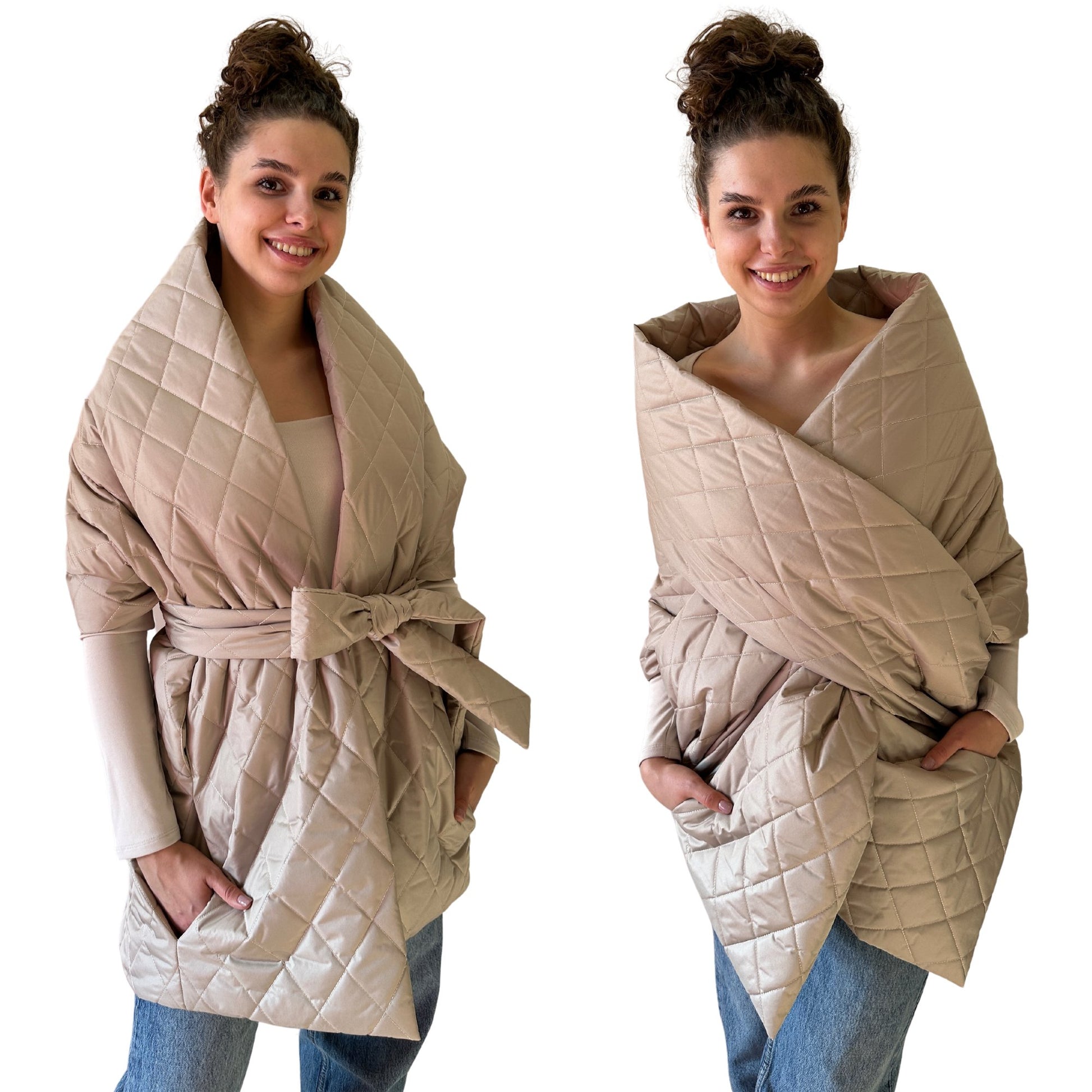 Beige Long Cape Lagre Wide Scarf Puffer 20x80 inch with 2 pocket and Belt - My Love Cape