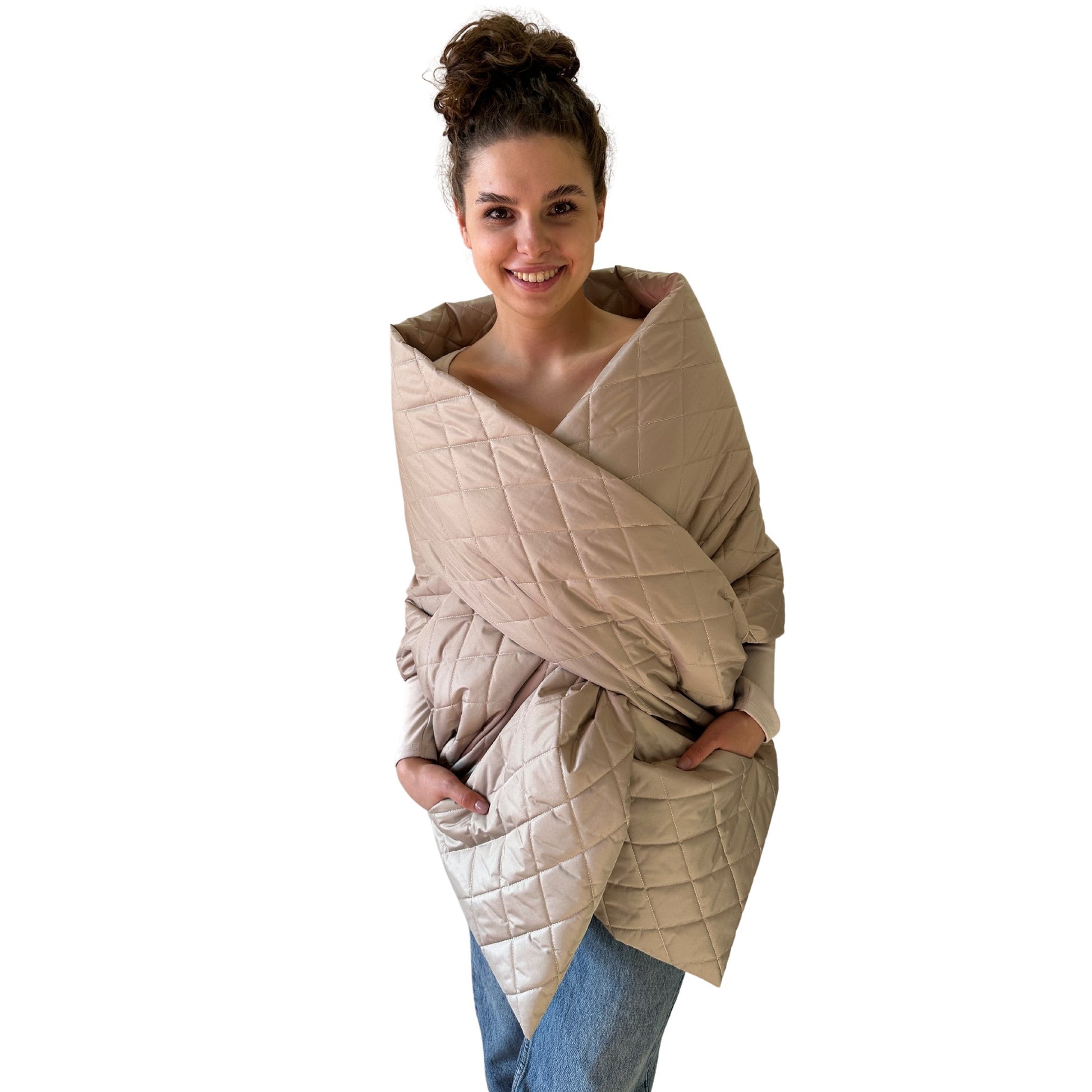 Beige Long Cape Lagre Wide Scarf Puffer 20x80 inch with 2 pocket and Belt - My Love Cape