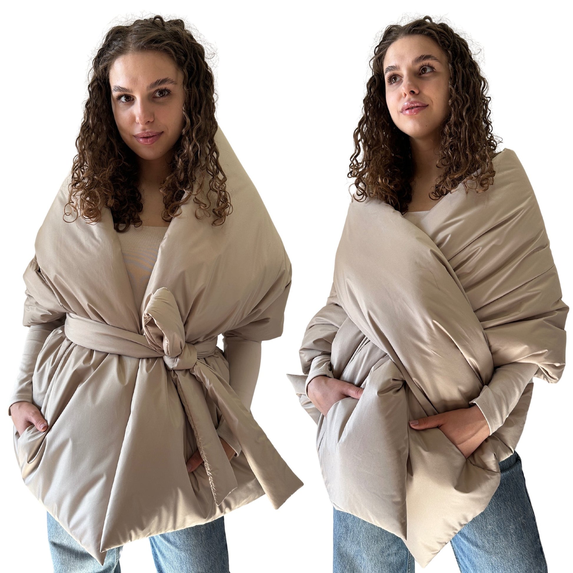 Beige Long Cape Lagre Wide Scarf Puffer 20x80 inch with 2 pocket and Belt - My Love Cape