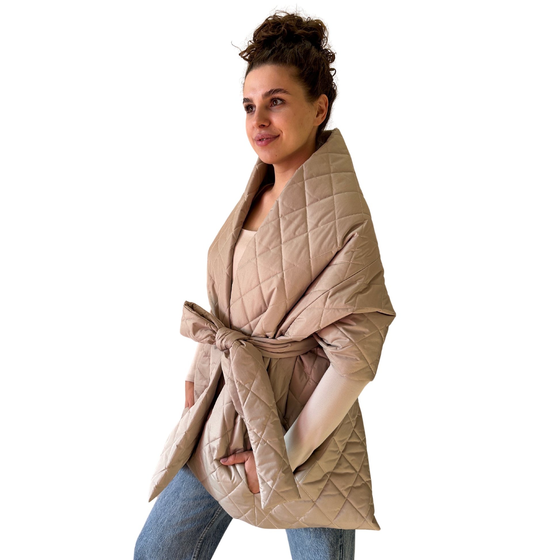 Beige Long Cape Lagre Wide Scarf Puffer 20x80 inch with 2 pocket and Belt - My Love Cape