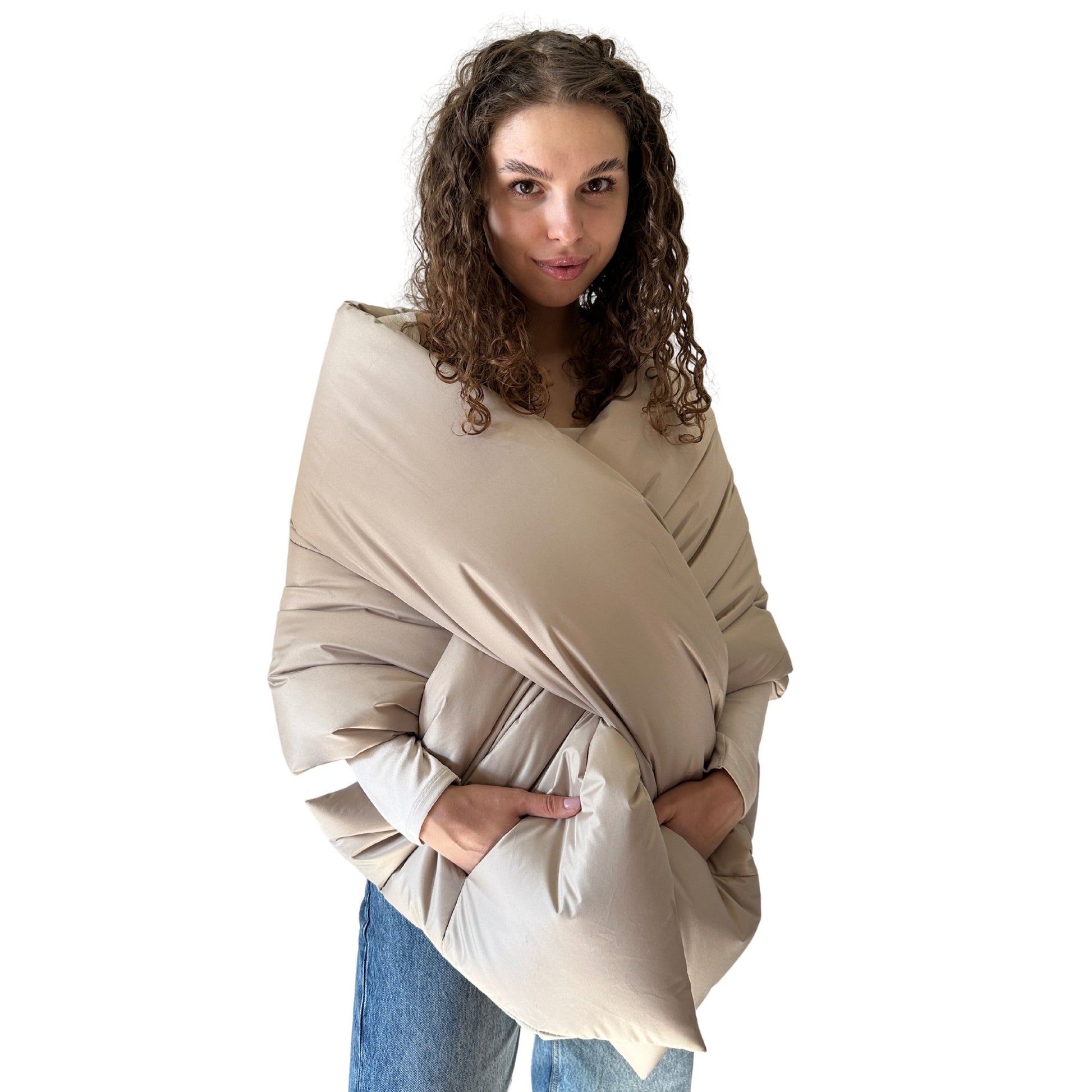 Beige Long Cape Lagre Wide Scarf Puffer 20x80 inch with 2 pocket and Belt - My Love Cape