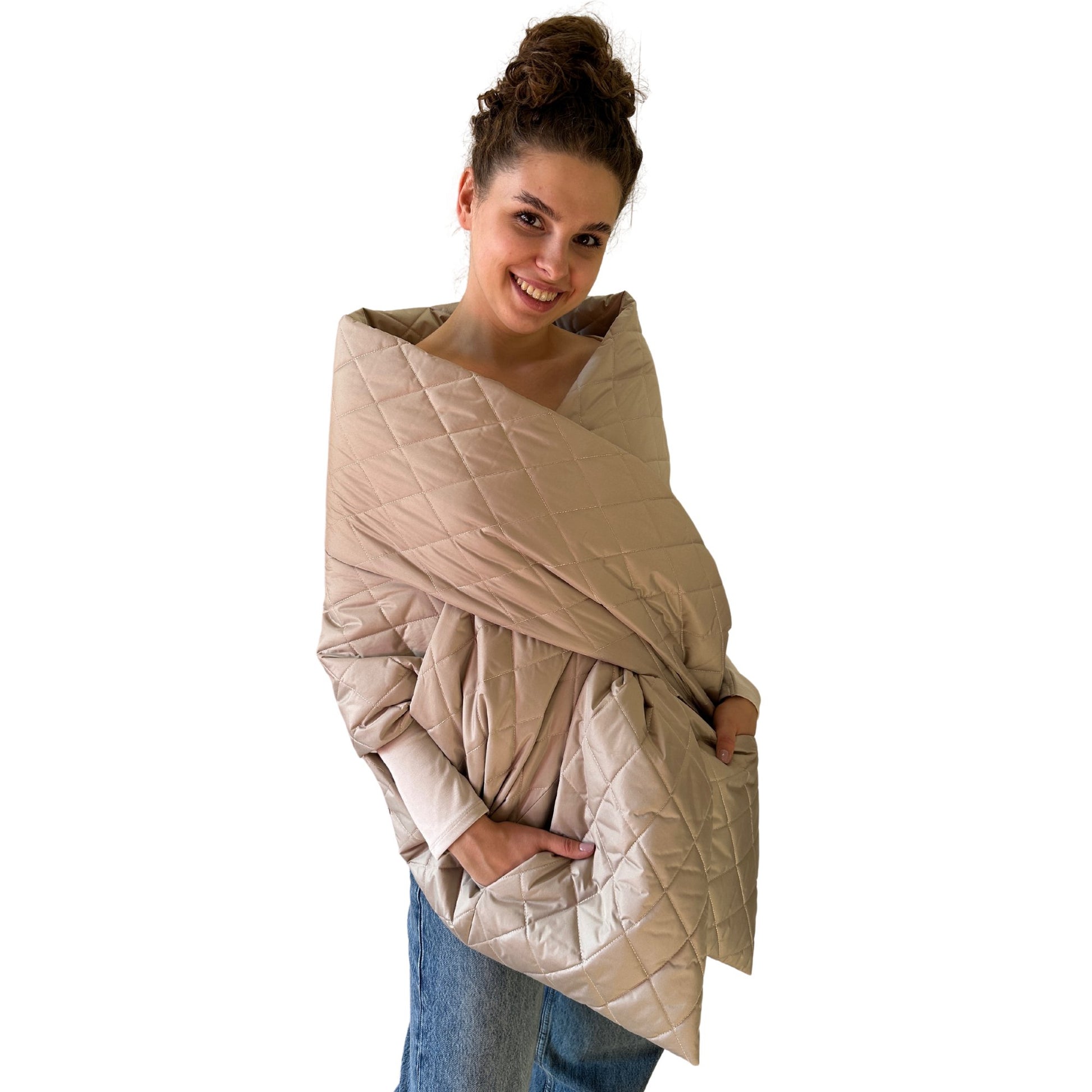 Beige Long Cape Lagre Wide Scarf Puffer 20x80 inch with 2 pocket and Belt - My Love Cape