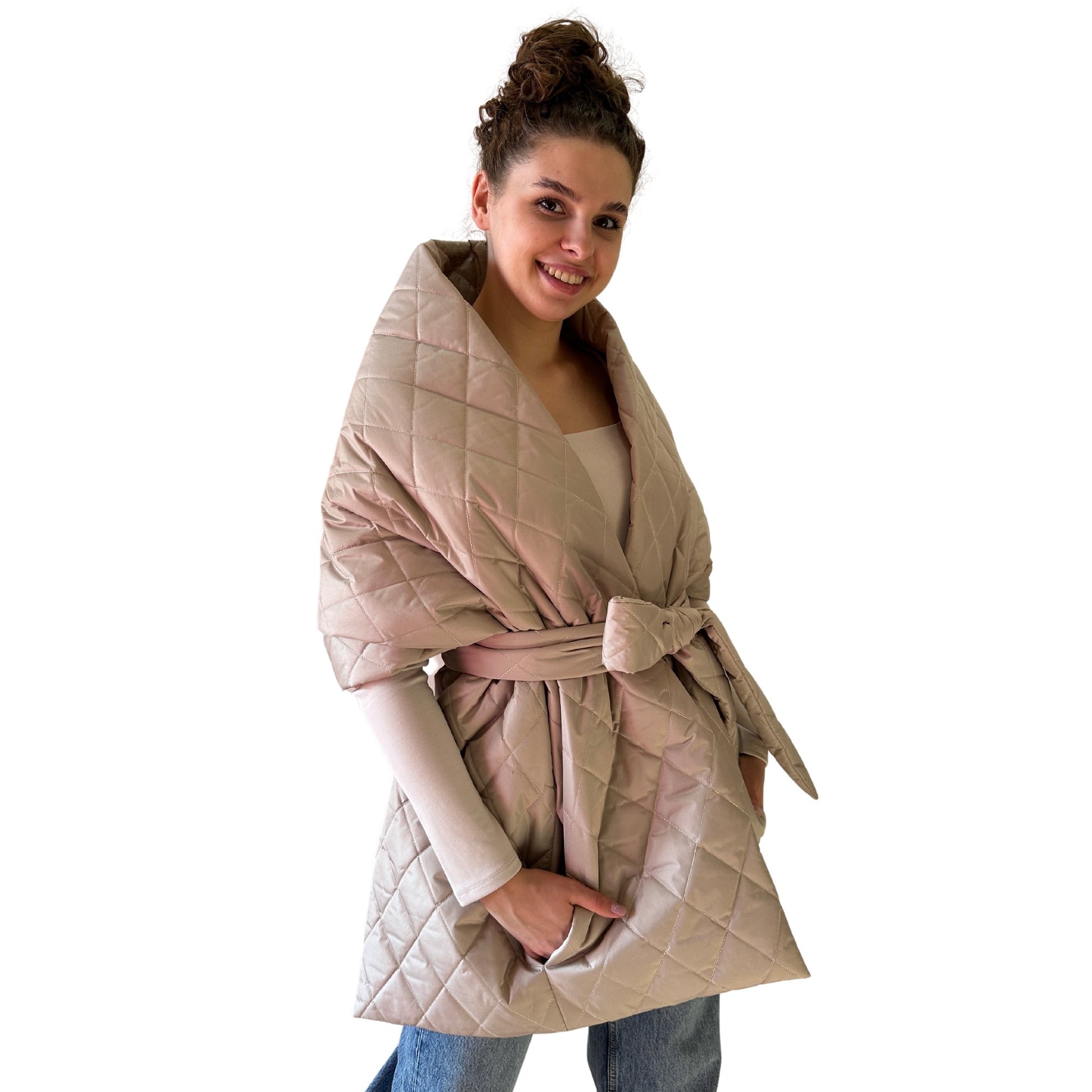 Beige Long Cape Lagre Wide Scarf Puffer 20x80 inch with 2 pocket and Belt - My Love Cape