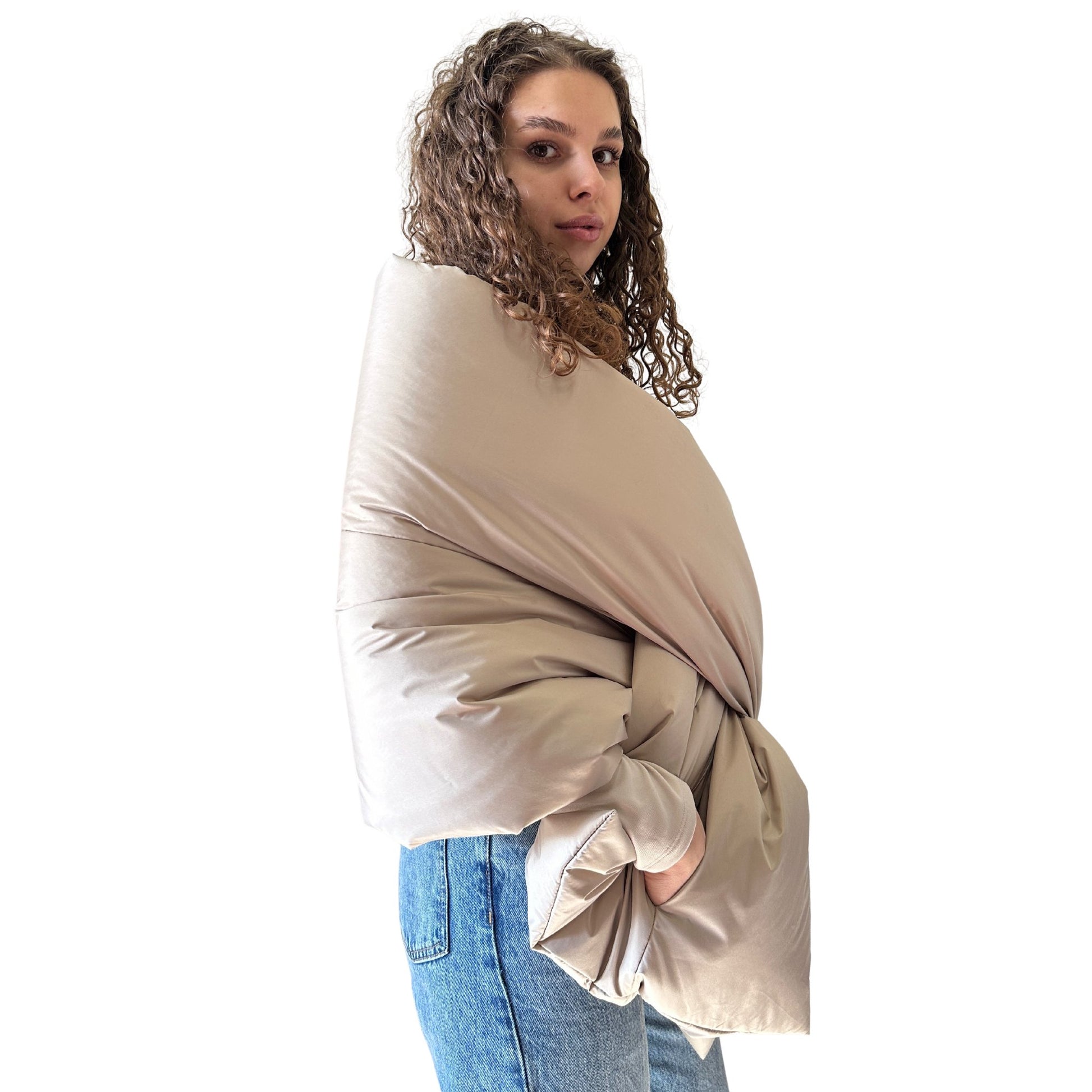 Beige Long Cape Lagre Wide Scarf Puffer 20x80 inch with 2 pocket and Belt - My Love Cape