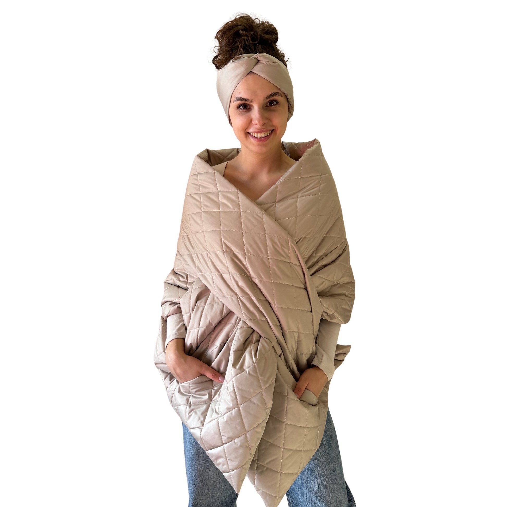 Beige Long Cape Lagre Wide Scarf Puffer 20x80 inch with 2 pocket and Belt - My Love Cape