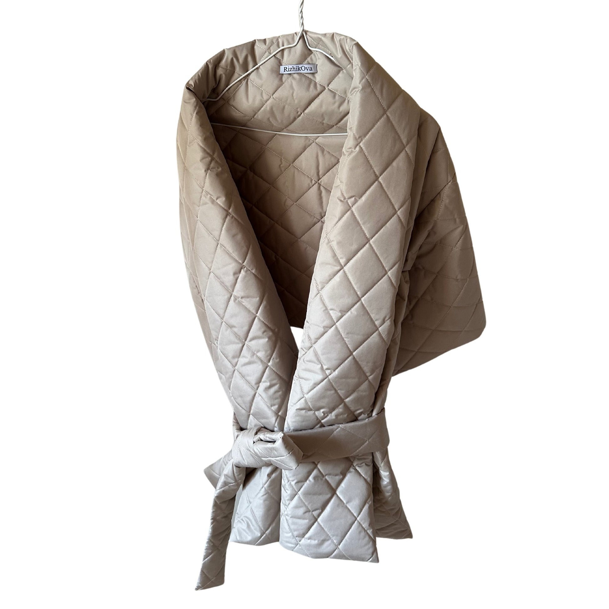 Beige Long Lagre Wide Scarf Puffer 25x80 inch with 2 pocket and Belt. Cape around shoulders wrap. Winter quilted shawl. Warm padded scarf. Down puffy scarves. - My Love Cape