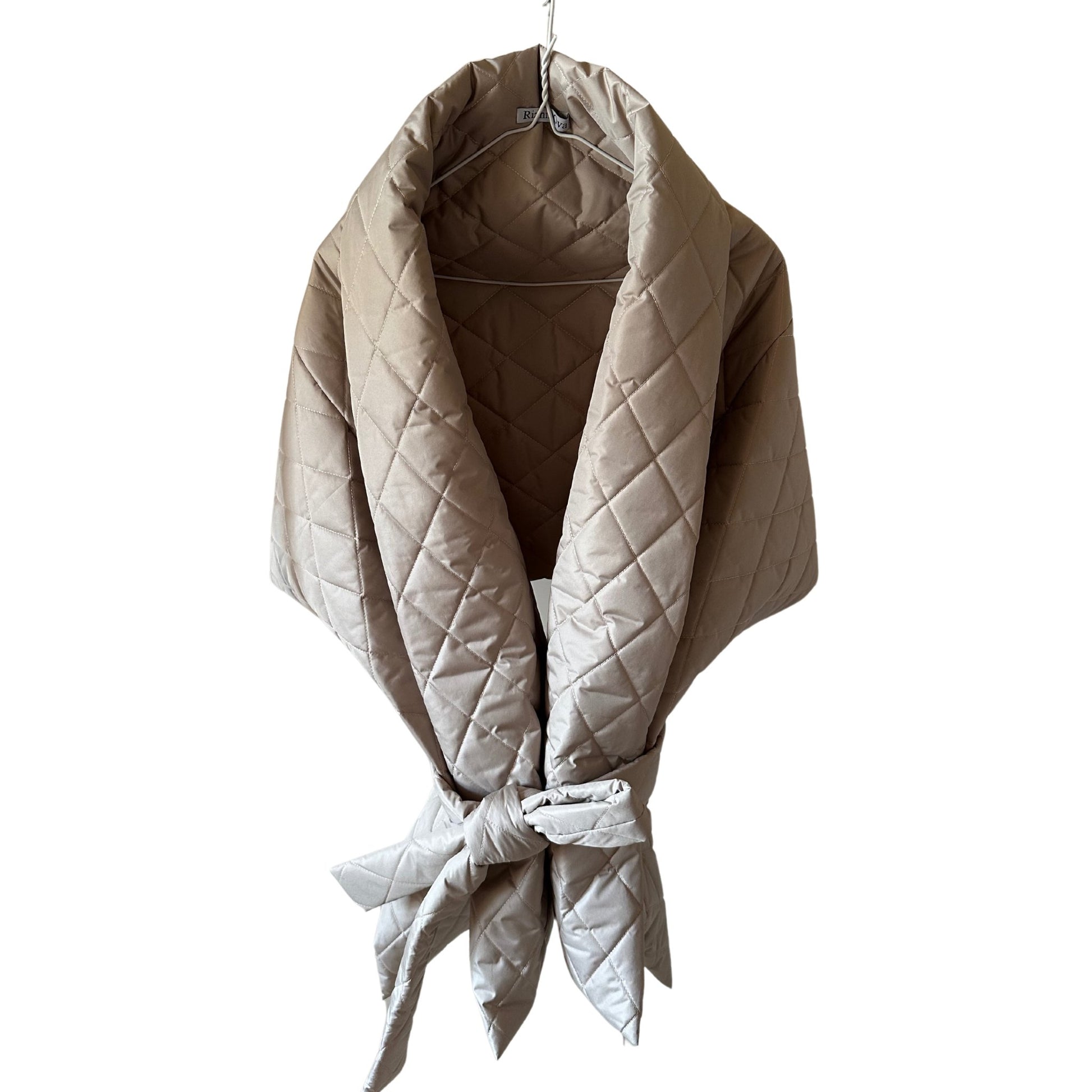 Beige Long Lagre Wide Scarf Puffer 25x80 inch with 2 pocket and Belt. Cape around shoulders wrap. Winter quilted shawl. Warm padded scarf. Down puffy scarves. - My Love Cape