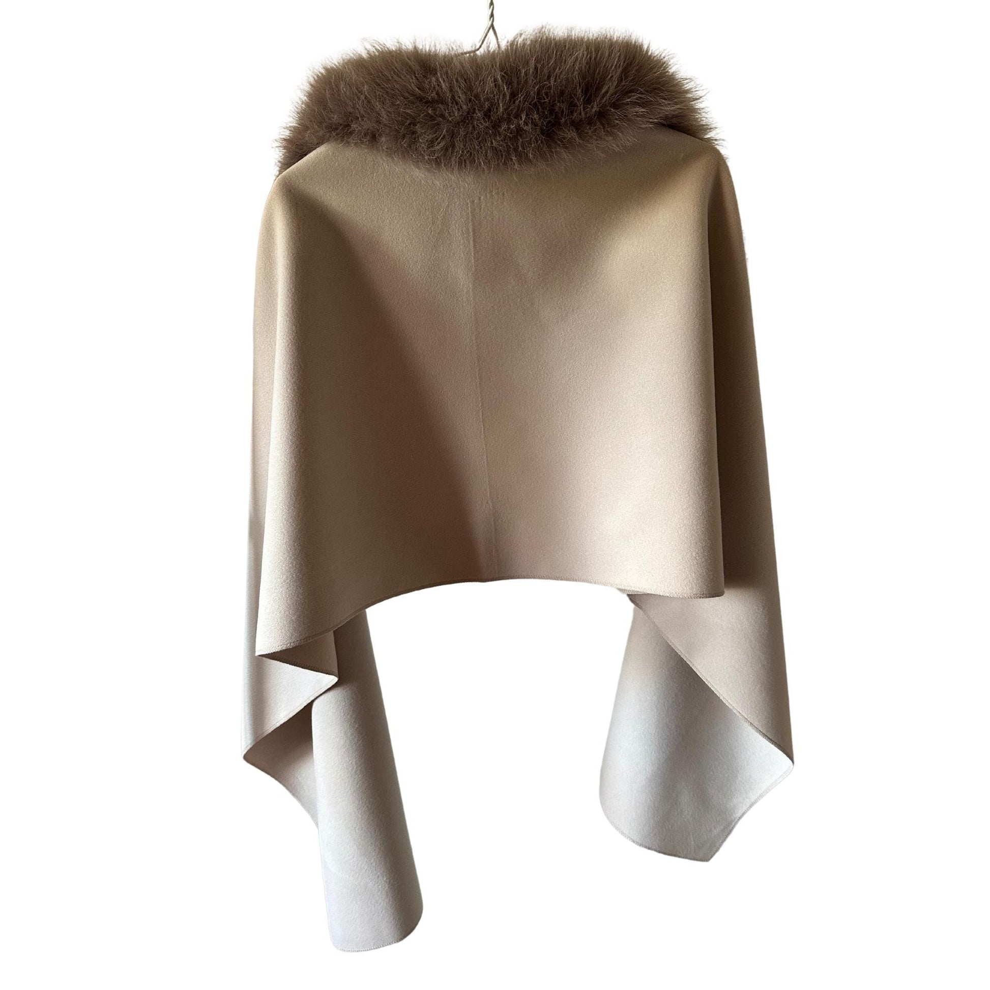 Beige Women Scarf Stole Cape Wrap Trim Fox Fur, Extra Large Shawl, Winter Gift, Woolen blend Cape Scarf - My Love Cape