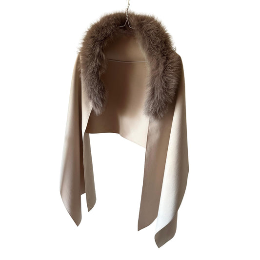 Beige Women Scarf Stole Cape Wrap Trim Fox Fur, Extra Large Shawl, Winter Gift, Woolen blend Cape Scarf - My Love Cape