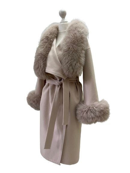 Beige Wrap Elegant Women coat, Long Belted Feminine Overcoat Trim Fox Fur, Cashmere Woolen blend Coat Wrap - My Love Cape