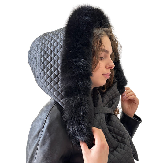 Black Hood Scarf Puffer Warm Quilted Downy Waterproof Padded Insulated Headdress With Natural Fur Trim - My Love Cape