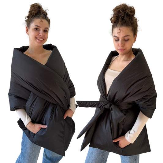 Black Long Cape Lagre Wide Scarf Puffer 20x80 inch with 2 pocket and Belt - My Love Cape