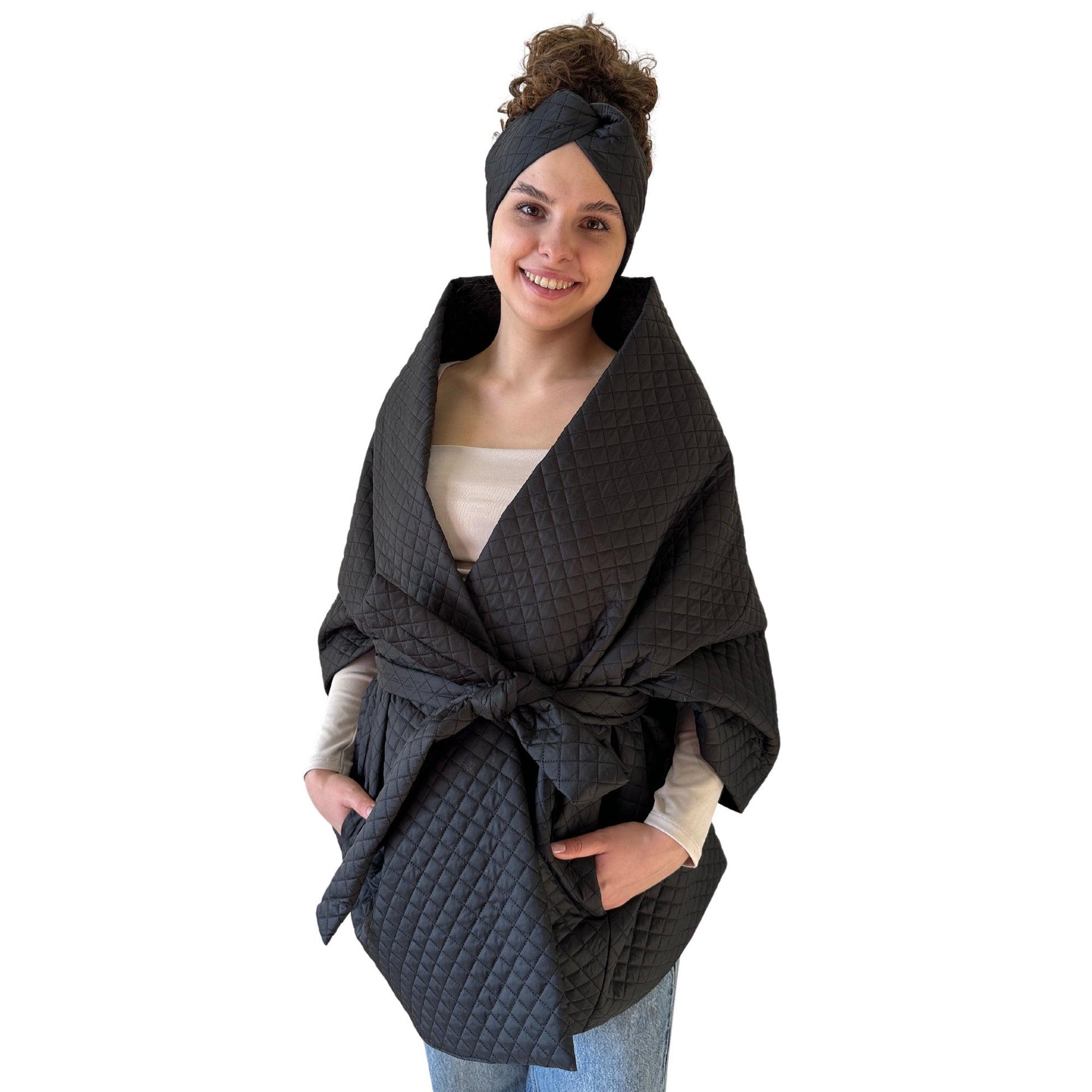 Black Long Lagre Wide Scarf Puffer 25x80 inch with 2 pocket and Belt. Cape around shoulders wrap. Winter quilted shawl. Warm padded scarf. Down puffy scarves. - My Love Cape