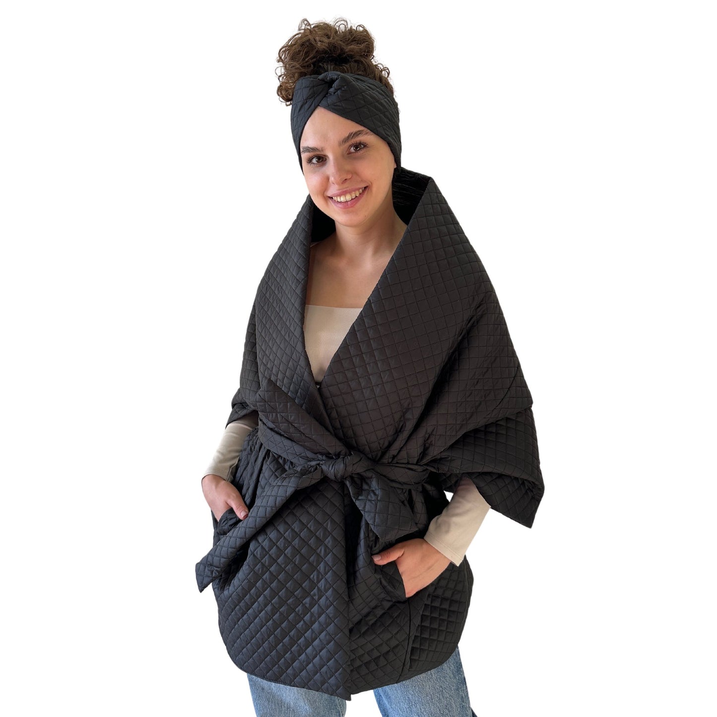 Black Long Lagre Wide Scarf Puffer 25x80 inch with 2 pocket and Belt. Cape around shoulders wrap. Winter quilted shawl. Warm padded scarf. Down puffy scarves. - My Love Cape