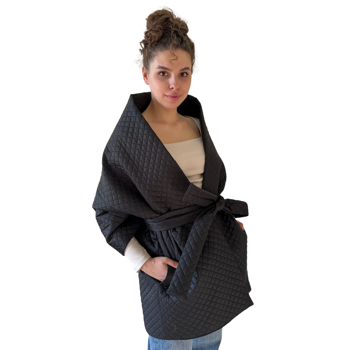 Black Long Lagre Wide Scarf Puffer 25x80 inch with 2 pocket and Belt. Cape around shoulders wrap. Winter quilted shawl. Warm padded scarf. Down puffy scarves. - My Love Cape