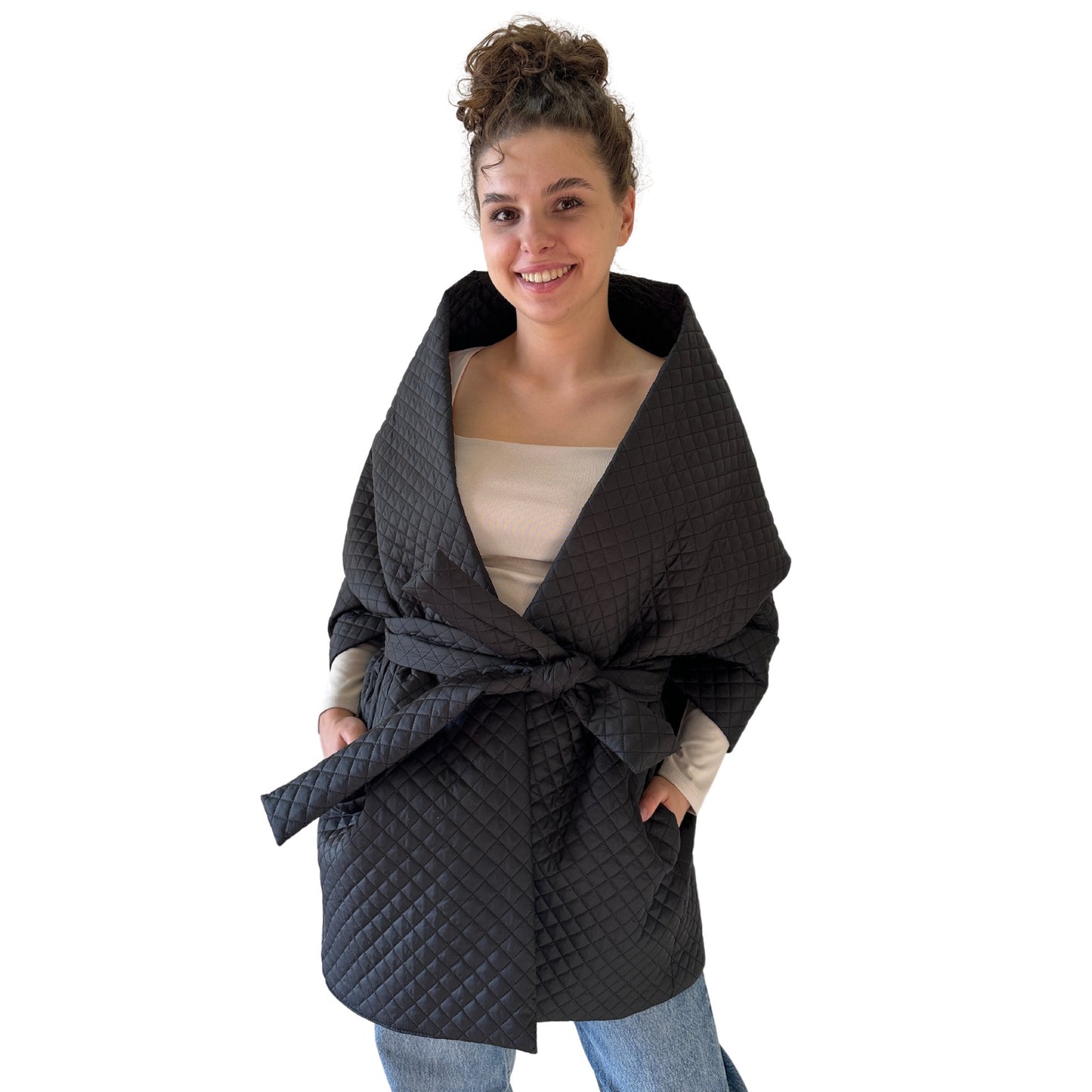 Black Long Lagre Wide Scarf Puffer 25x80 inch with 2 pocket and Belt. Cape around shoulders wrap. Winter quilted shawl. Warm padded scarf. Down puffy scarves. - My Love Cape