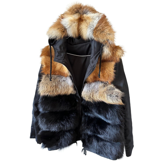 Black Men's Reversible Fur Parka Bomber Jacket with Hood - Durable Twill and Natural Fox Fur - My Love Cape