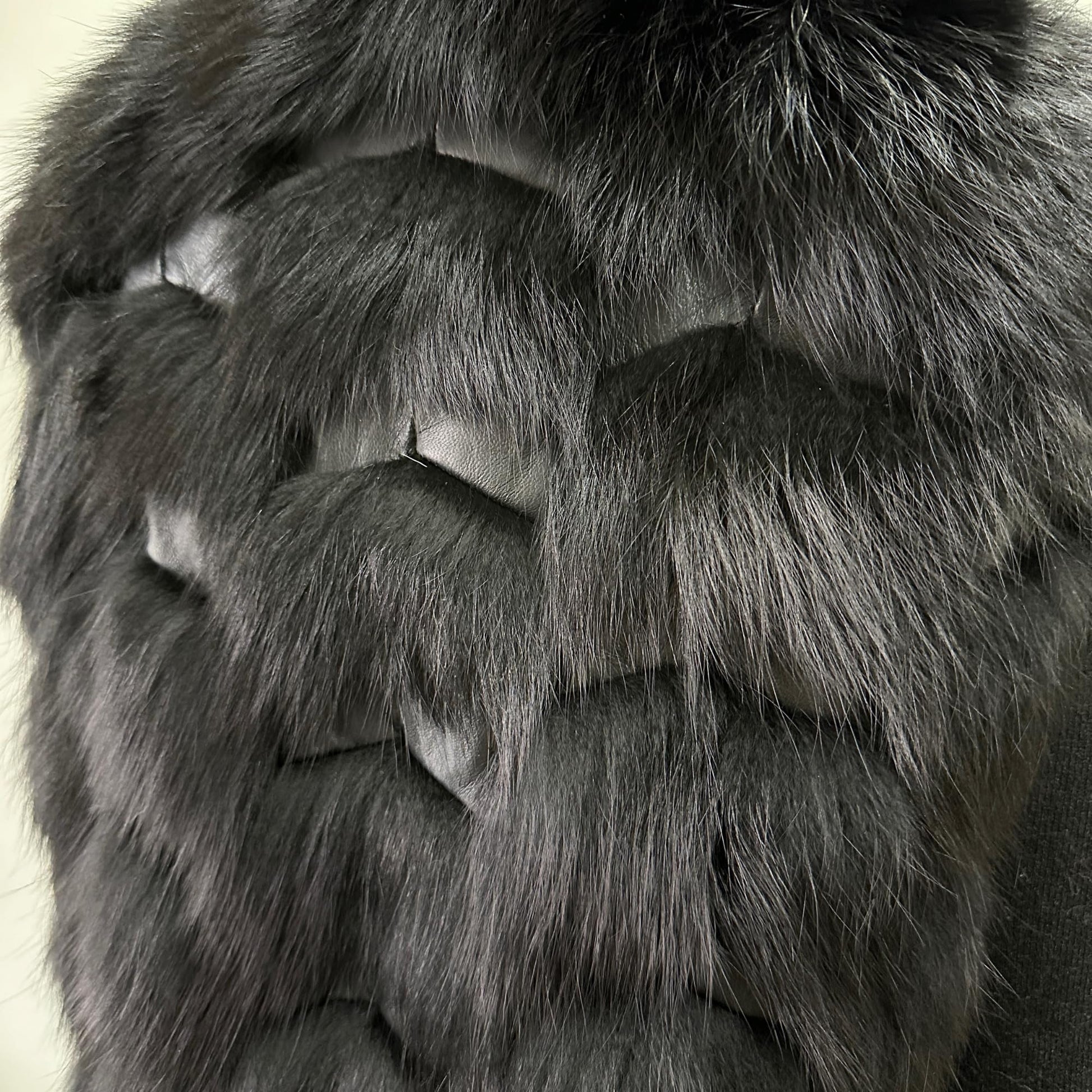 Black Natural Leather and Fox Fur Vest – Diamond Pattern, Zipper, and Lined Design (S) - My Love Cape