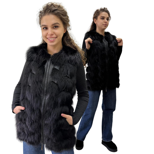 Black Natural Leather and Fox Fur Vest – Diamond Pattern, Zipper, and Lined Design (S) - My Love Cape