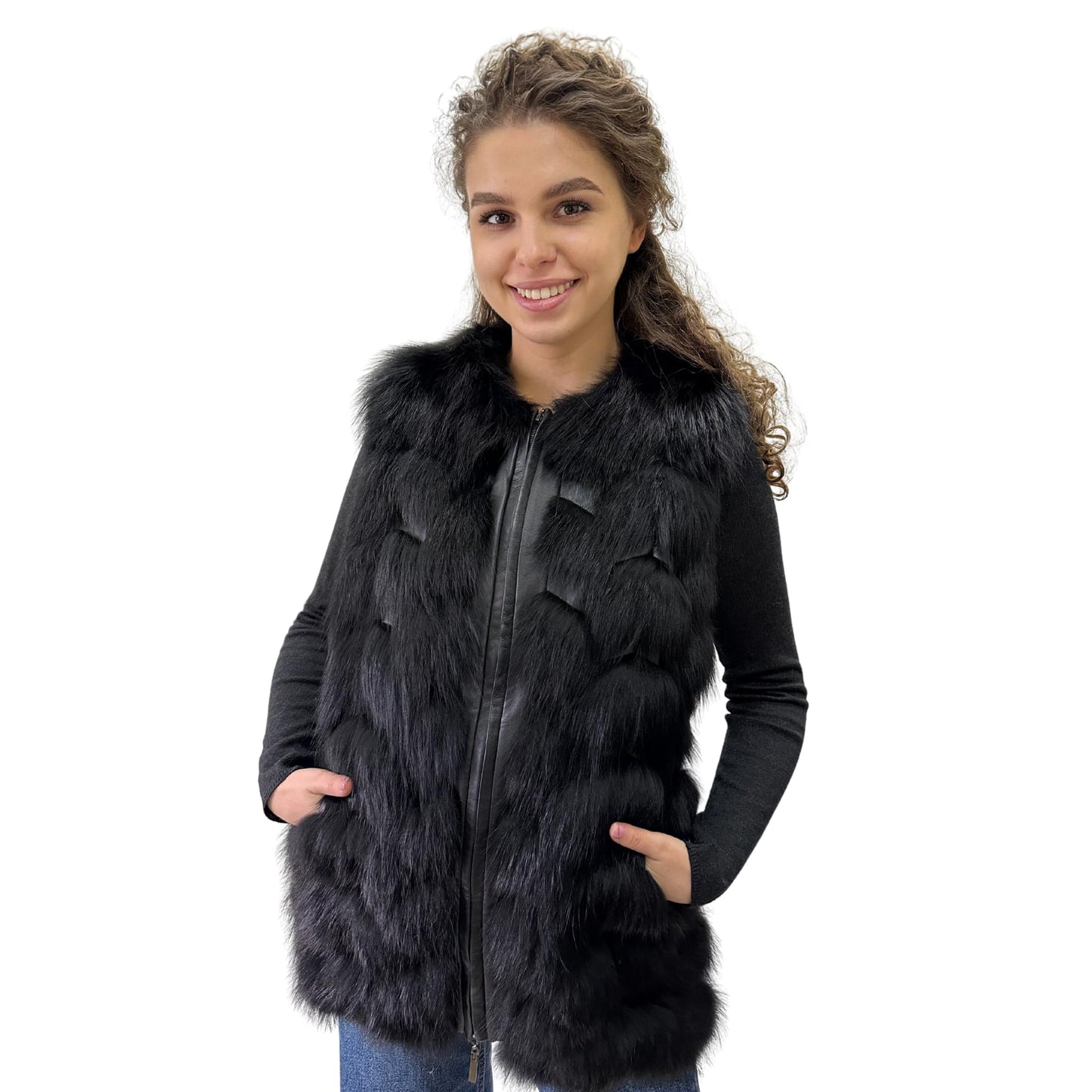 Black Natural Leather and Fox Fur Vest – Diamond Pattern, Zipper, and Lined Design (S) - My Love Cape