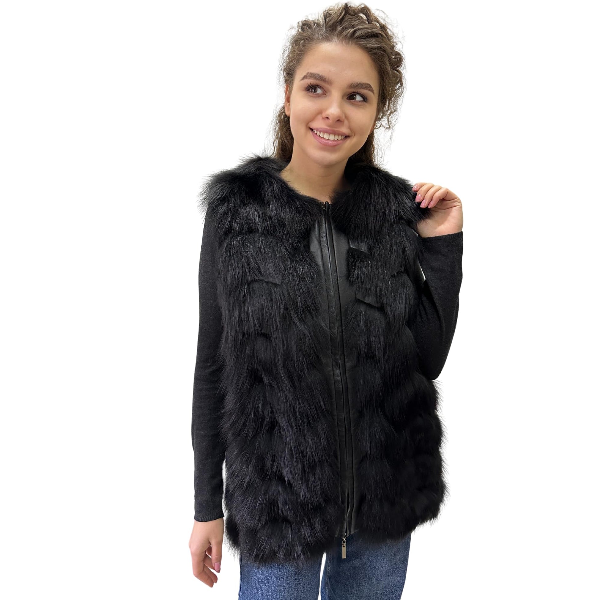 Black Natural Leather and Fox Fur Vest – Diamond Pattern, Zipper, and Lined Design (S) - My Love Cape