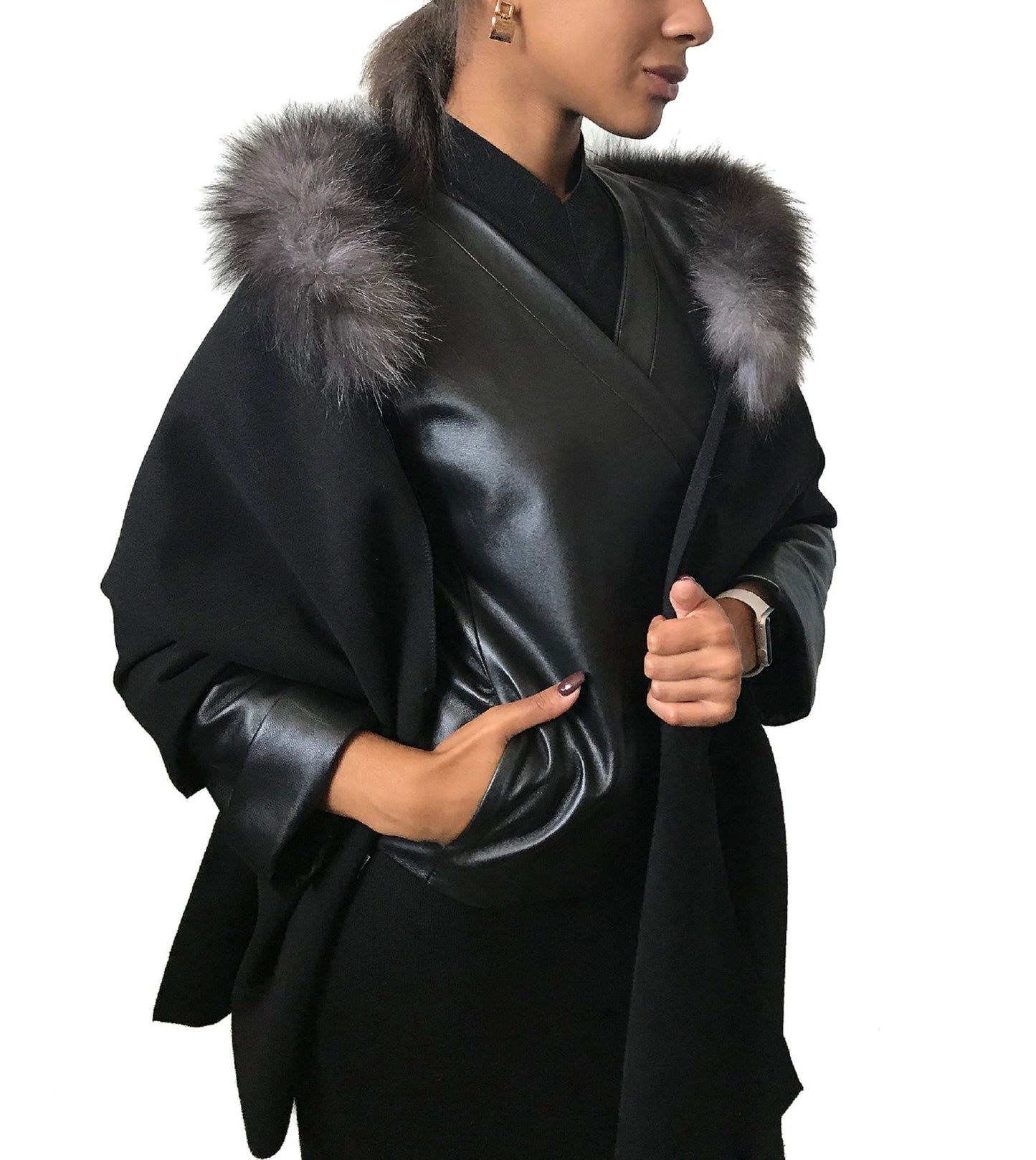 Black Women Black Scarf Stole Cape Wraps Woolen blend and trim arctic fox fur - My Love Cape