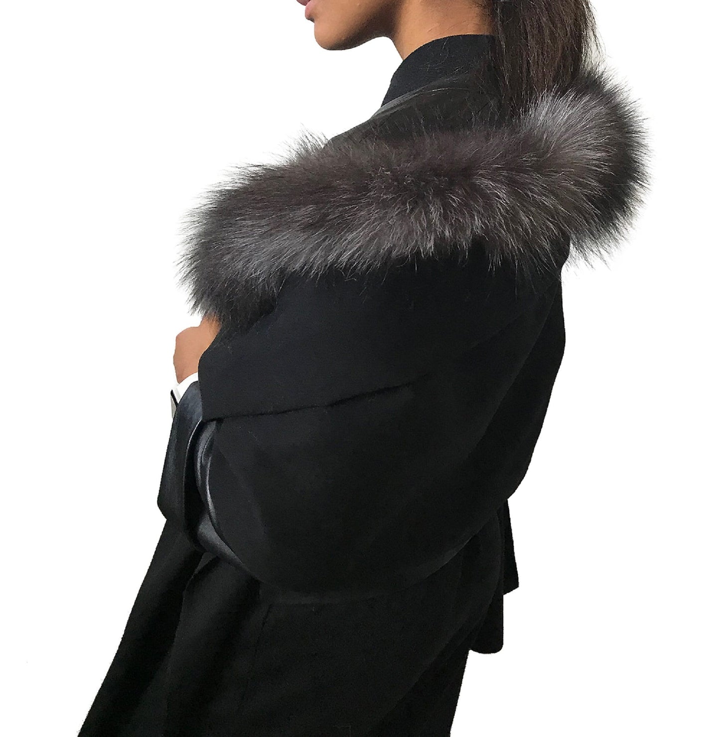 Black Women Black Scarf Stole Cape Wraps Woolen blend and trim arctic fox fur - My Love Cape