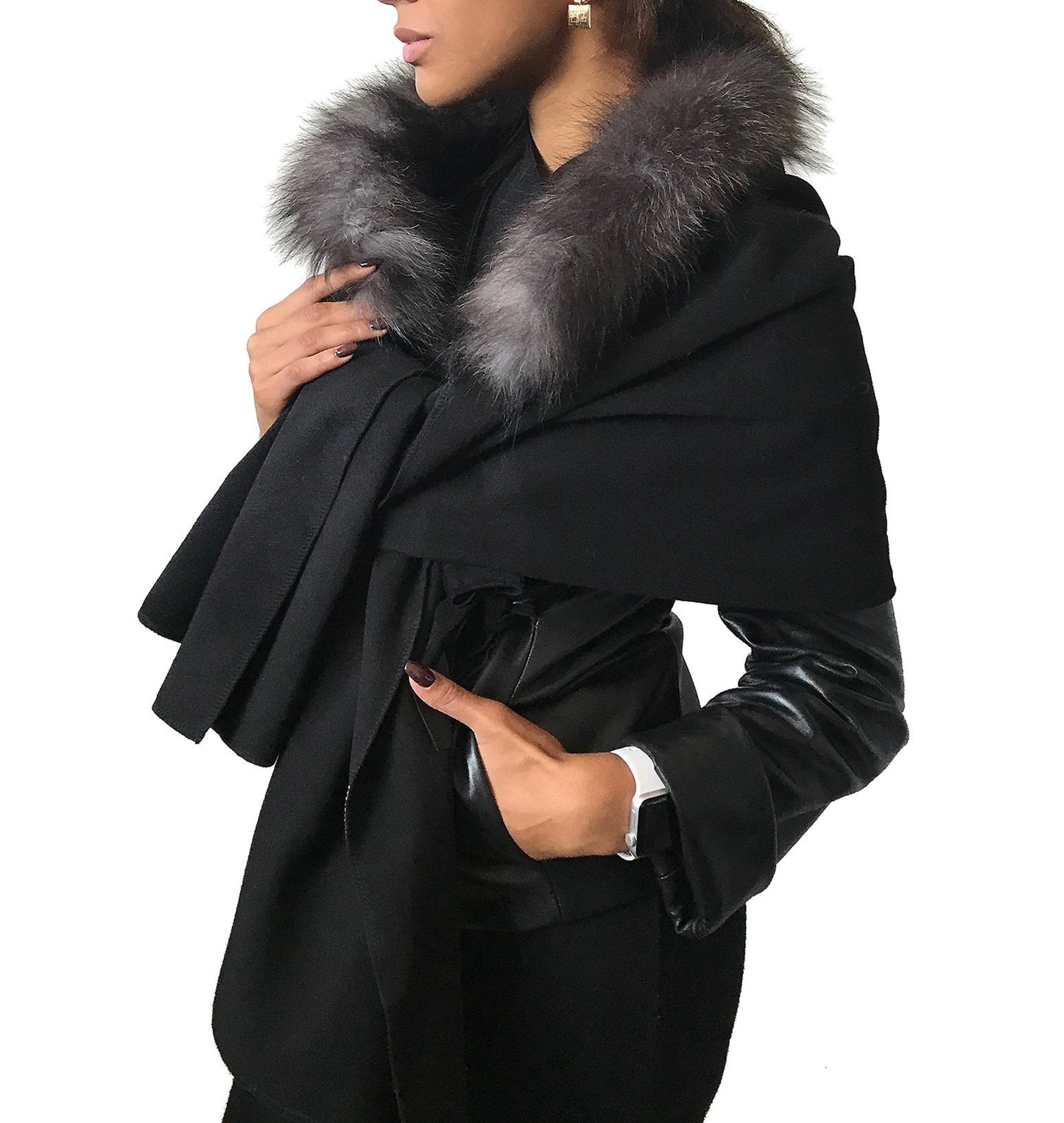 Black Women Black Scarf Stole Cape Wraps Woolen blend and trim arctic fox fur - My Love Cape