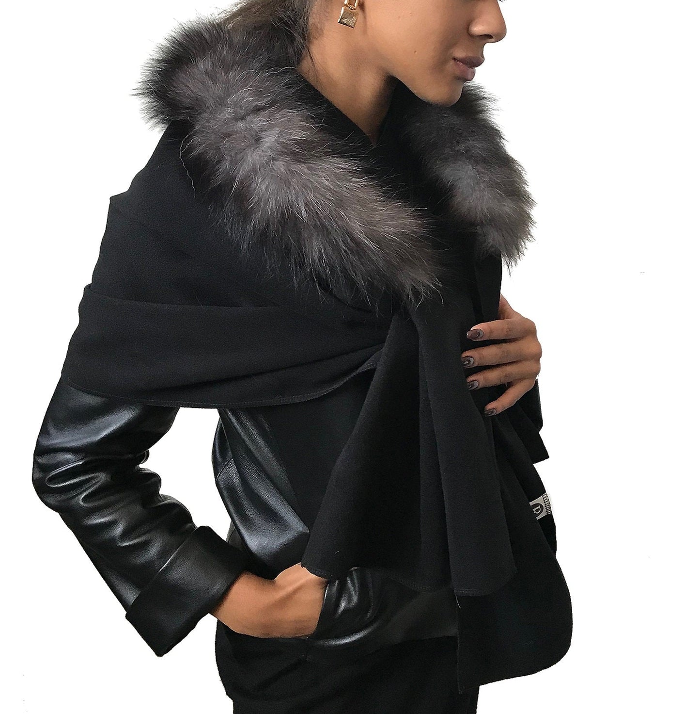 Black Women Black Scarf Stole Cape Wraps Woolen blend and trim arctic fox fur - My Love Cape