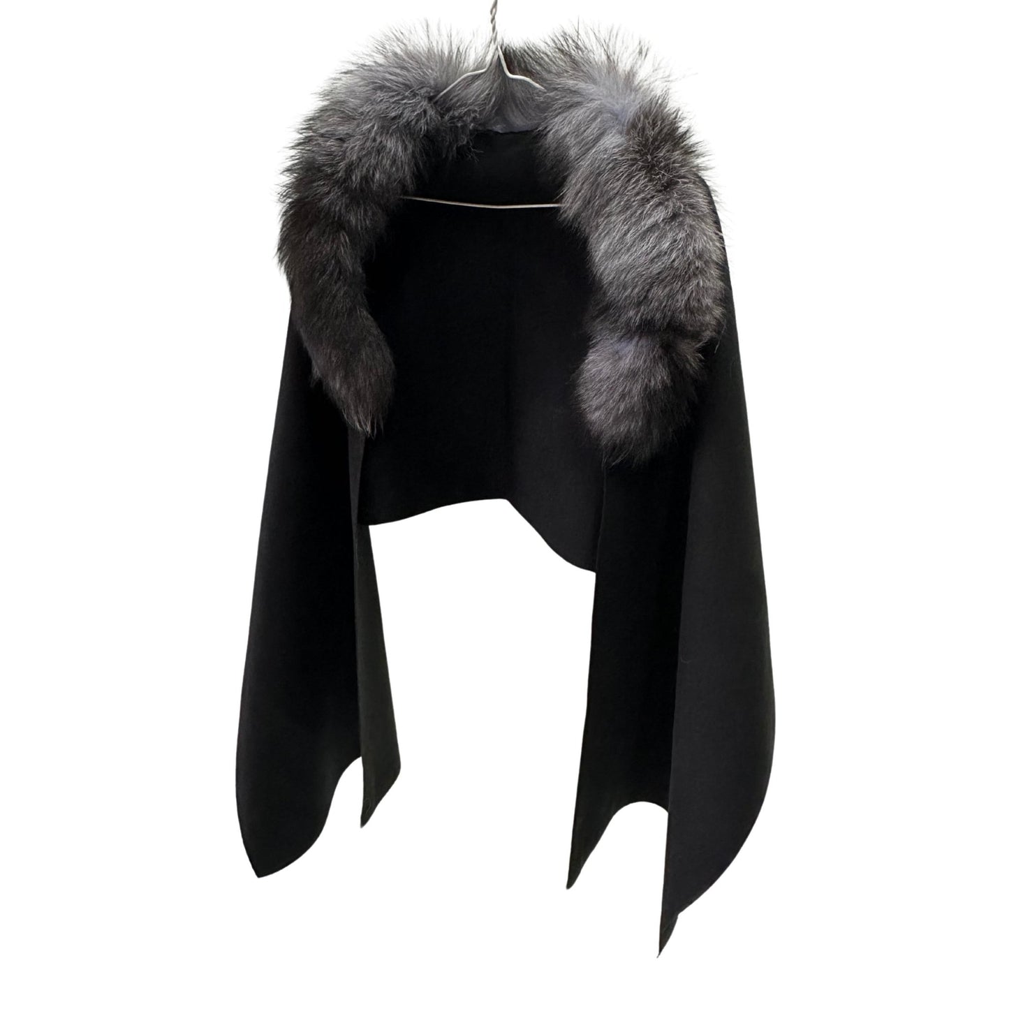 Black Women Black Scarf Stole Cape Wraps Woolen blend and trim arctic fox fur - My Love Cape