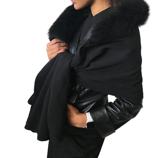 Black Women Scarf Stole Cape Wrap Trim Fox Fur, Extra Large Shawl, Winter Gift, Woolen blend Cape Scarf - My Love Cape