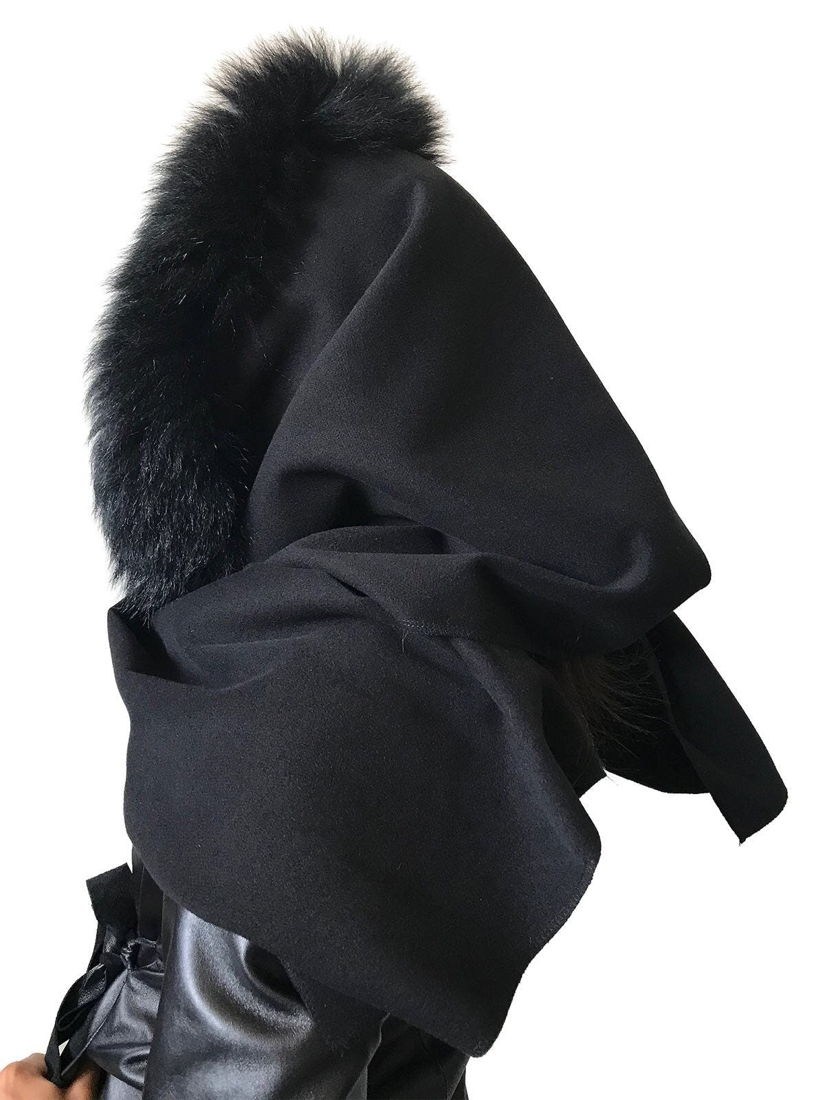 Black Women Scarf Stole Cape Wrap Trim Fox Fur, Extra Large Shawl, Winter Gift, Woolen blend Cape Scarf - My Love Cape