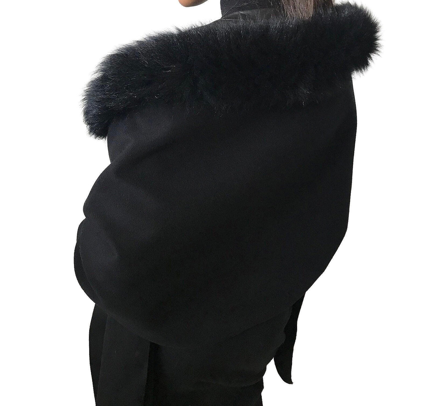 Black Women Scarf Stole Cape Wrap Trim Fox Fur, Extra Large Shawl, Winter Gift, Woolen blend Cape Scarf - My Love Cape