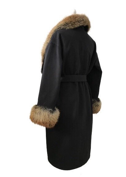 Black Wrap Elegant Women coat, Long Belted Feminine Overcoat Trim Fox Fur, Cashmere Woolen blend Coat Wrap - My Love Cape